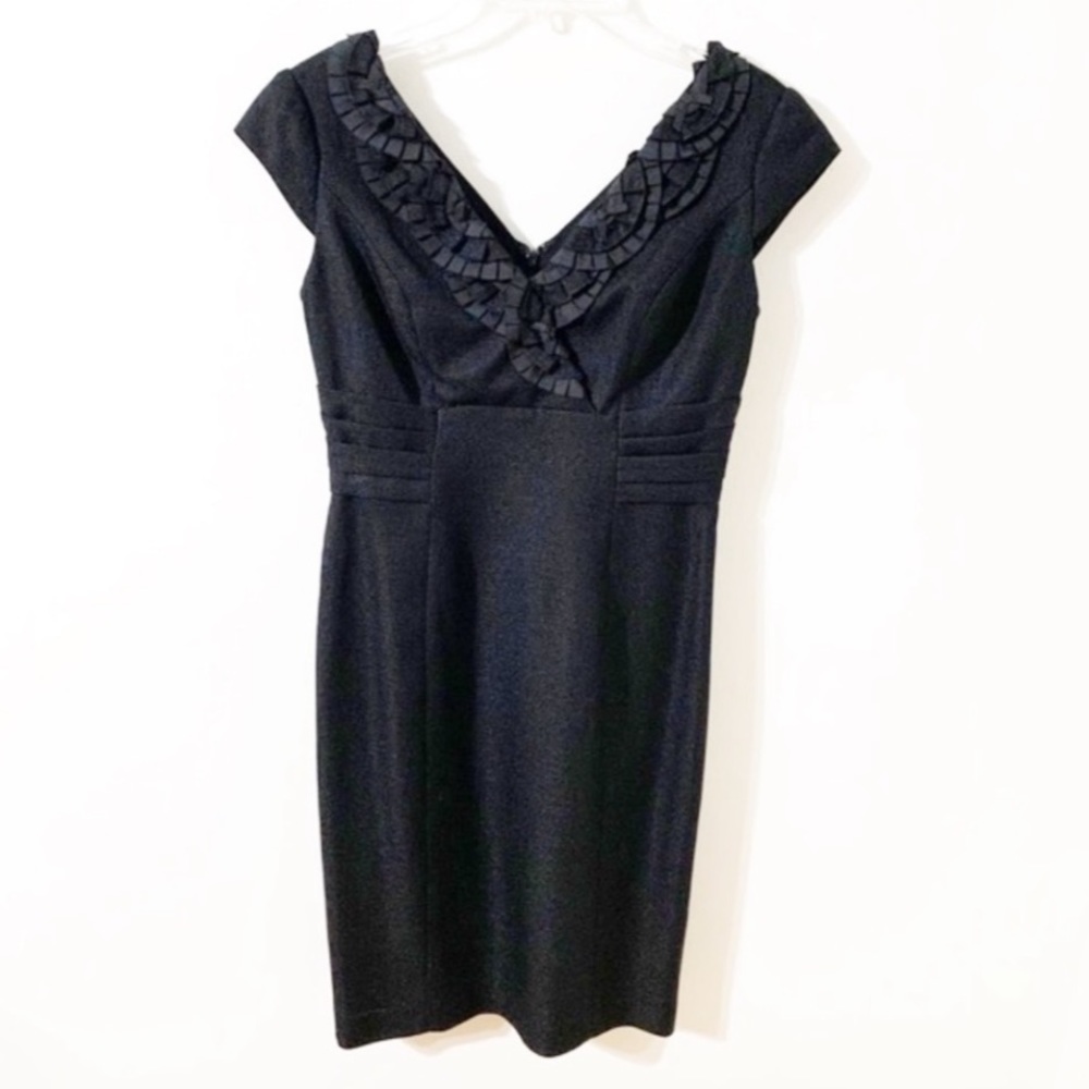 Kay Unger NY Sheath Dress Cap Sleeve Grosgrain Ribbon Fabric Ruffle Details ⚫️